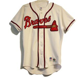 Atlanta Braves Jersey sz 44 Russell Athletic Diamond  White Sewn/Fabric  Vintage